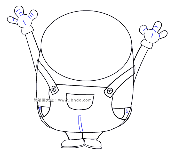 步骤11:画裤子的中线和手掌的细节。