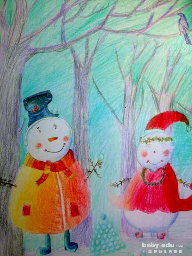儿童蜡笔画作品欣赏-两个雪人