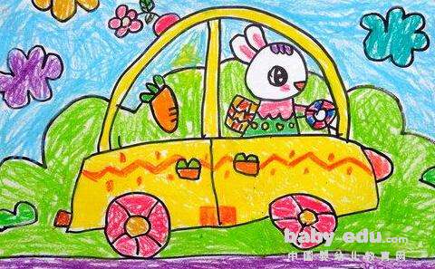 小学生蜡笔画作品-开汽车的小兔子