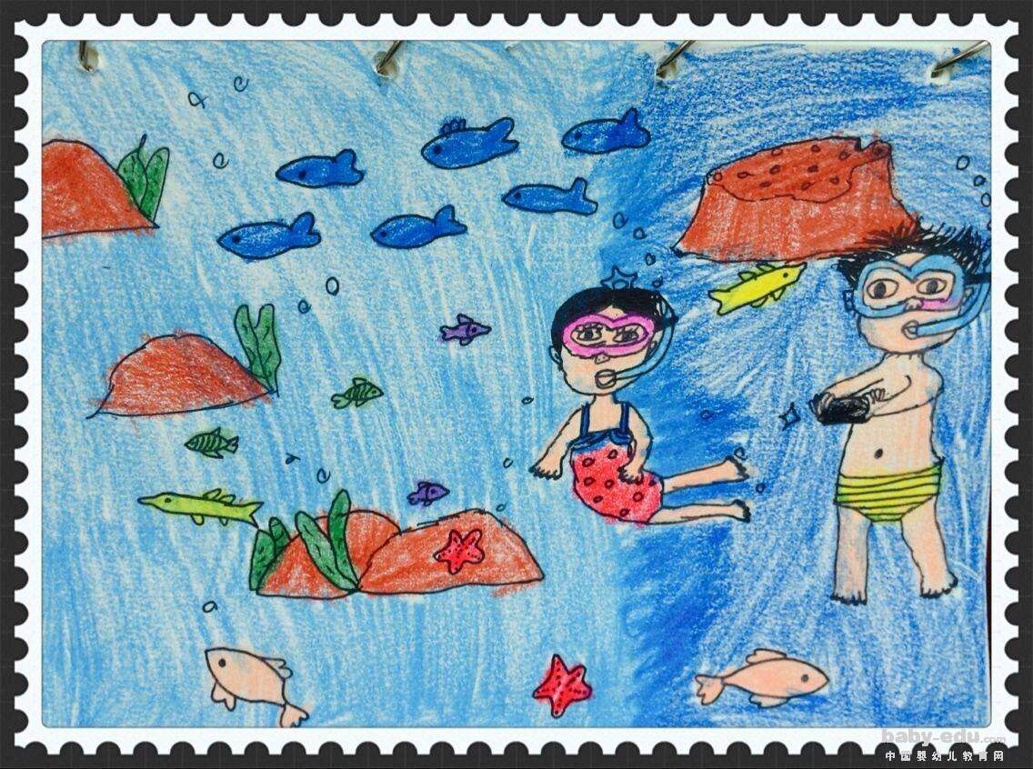 儿童蜡笔画作品欣赏-一起去海底去探险