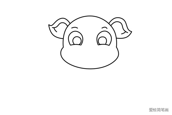 2.再画小猪的两只大耳朵和眼睛轮廓。