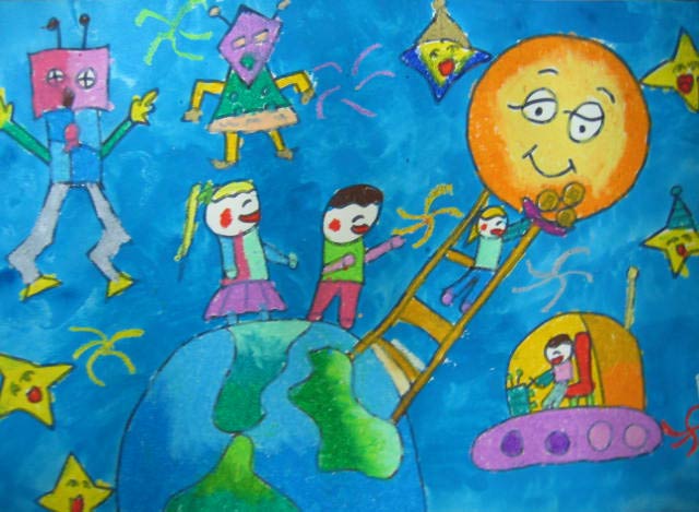 创意畅想未来儿童水彩画作品-登上月球的梯子
