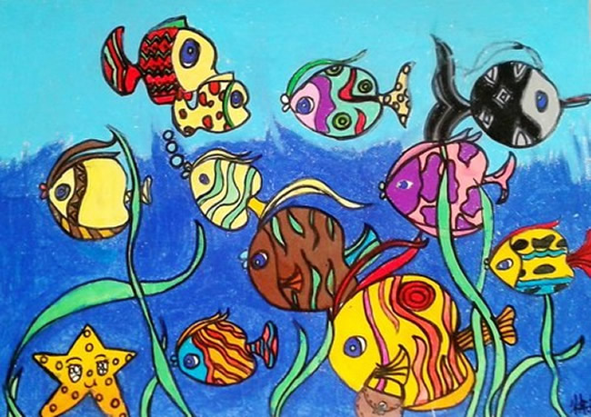 海底世界五颜六色的鱼儿儿童油画棒画作品欣赏