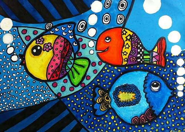 海底世界儿童画优秀作品展示-色彩斑斓的鱼儿-油画棒画图片