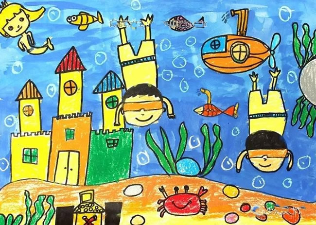 奇妙的海底世界优秀儿童画作品 - 海底探索/蜡笔画图片