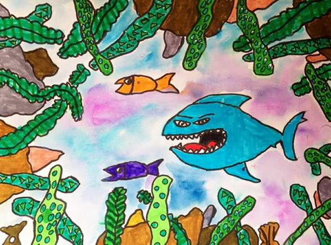 海底世界之凶狠的鲨鱼儿童画-水彩画图片
