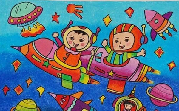 畅想未来乘坐宇宙飞船儿童画作品图片