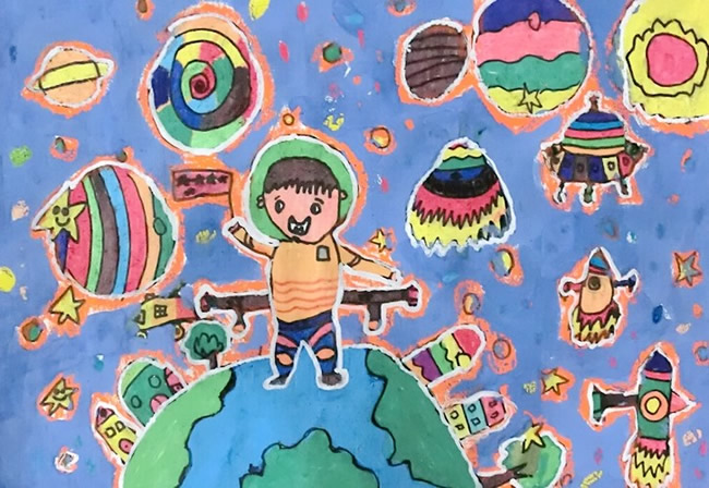畅想未来主题儿童画-梦想飞向太空/水彩画图片