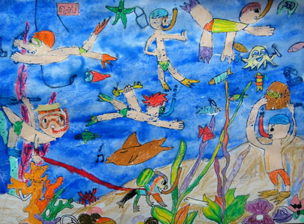 创意海底世界主题儿童画 海底寻宝藏/水彩画图片