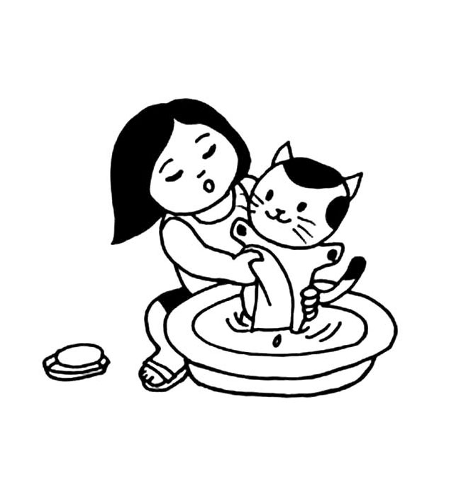 小女孩给猫咪洗澡简笔画图片大全