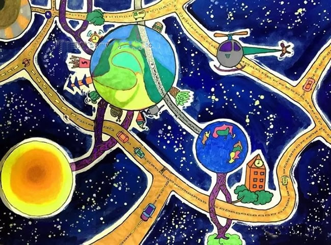 儿童科幻画优秀作品太空篇 - 太空立体交通