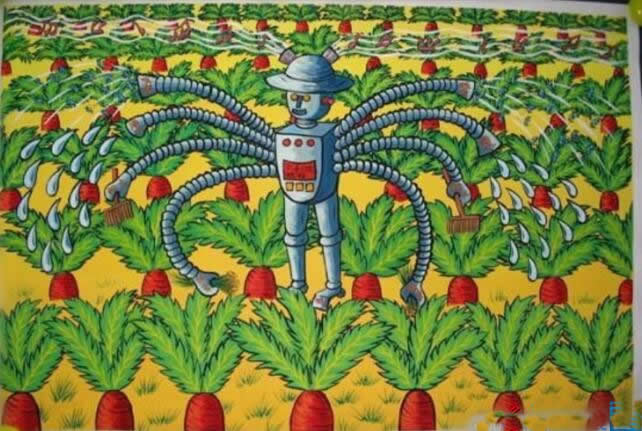 未来世界题材的科幻画作品欣赏：未来农业灌溉机器人