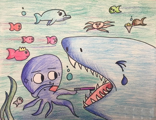 海底世界儿童画的图片 大鲨鱼和小章鱼三年级简单的儿童画
