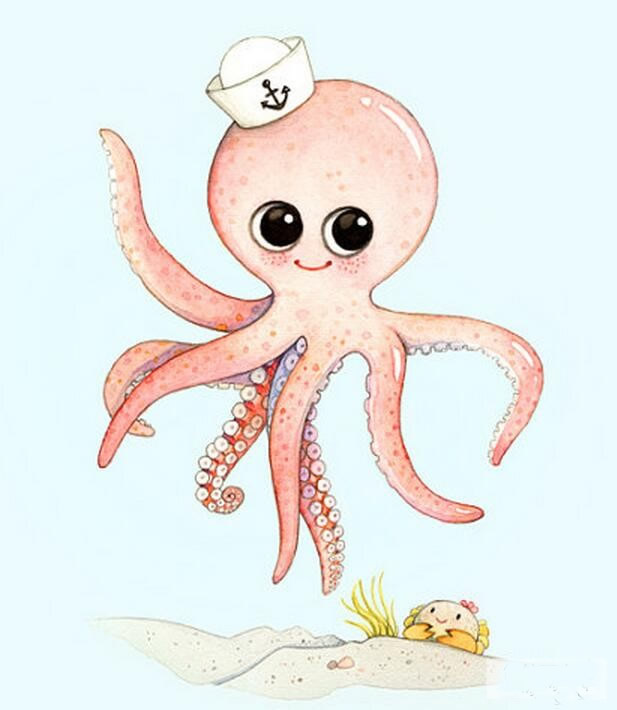 海底世界儿童画八爪小章鱼/水彩画图片