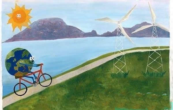 儿童画畅想未来主题环保科幻画_多用绿色能源爱护地球