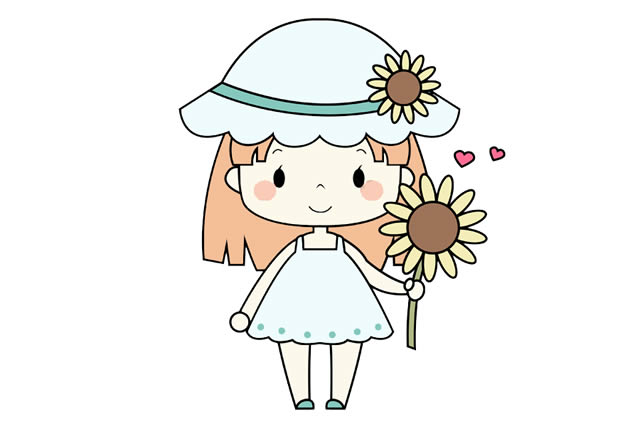 可爱小女孩简笔画步骤图片教程 手拿向日葵