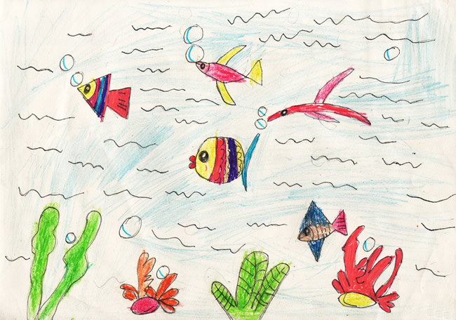 儿童画海底世界简单的画法_自由自在的鱼儿/蜡笔画图片