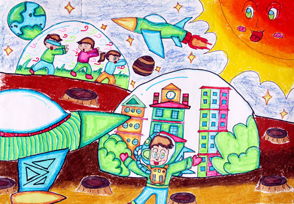 畅想未来儿童画奇妙的太空家园 