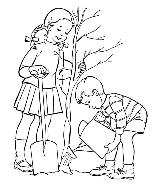 植树节人物简笔画素材 在植树的男孩和女孩简笔画图片