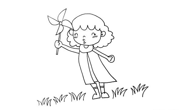 玩风车的小女孩简笔画