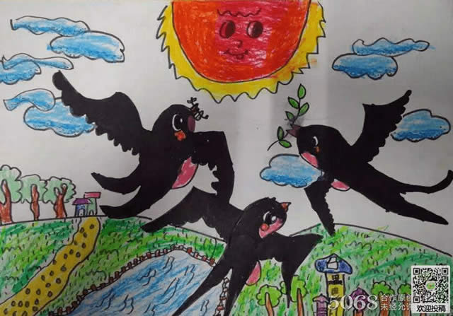 春天的燕子创意儿童画作品图片