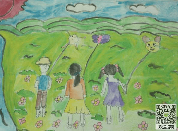 春天来了小朋友在放风筝儿童画