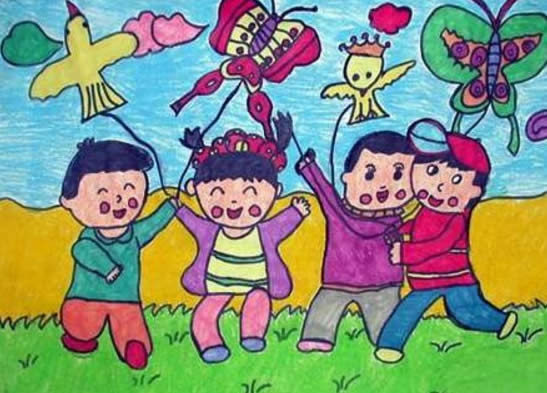 小学生创意春天儿童画作品欣赏-放风筝