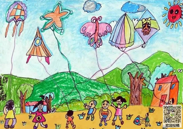广场上放风筝春天儿童画图片