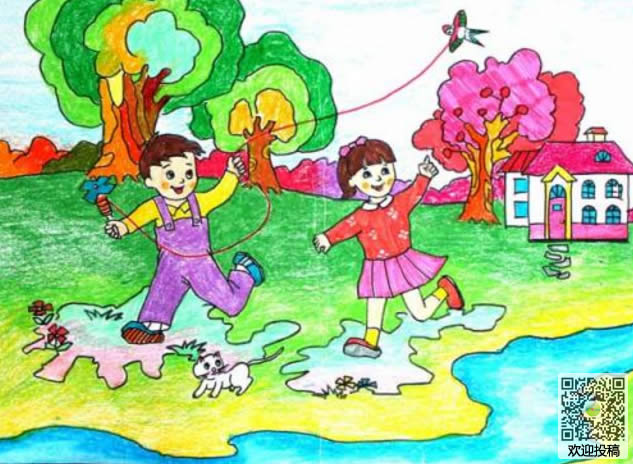 小学生创意春天儿童画作品欣赏-放风筝