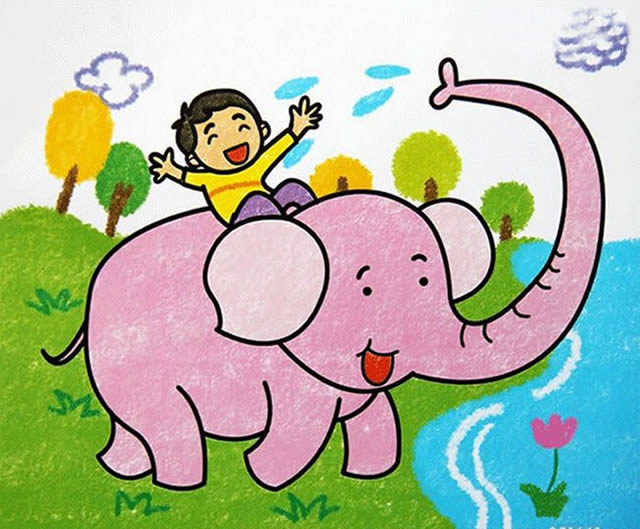 骑大象的小男孩儿童蜡笔画作品图片