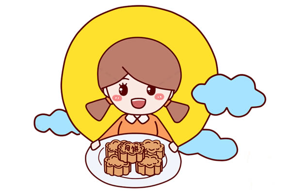中秋节简笔画_中秋节端着月饼的小女孩简笔画步骤图解教程