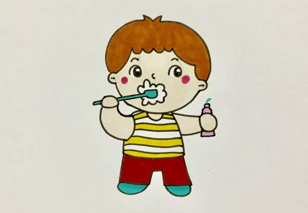 刷牙的小男孩简笔画，幼儿我爱刷牙主题画