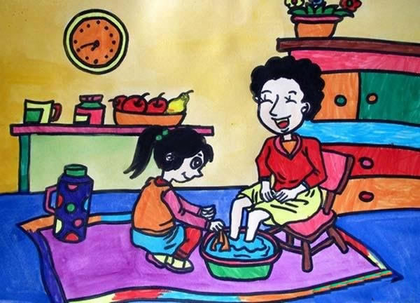 母亲节主题儿童画图片_我帮妈妈洗脚三年级