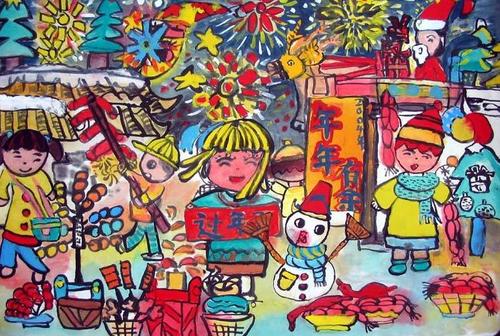 小学生开心过大年儿童画,春节儿童画