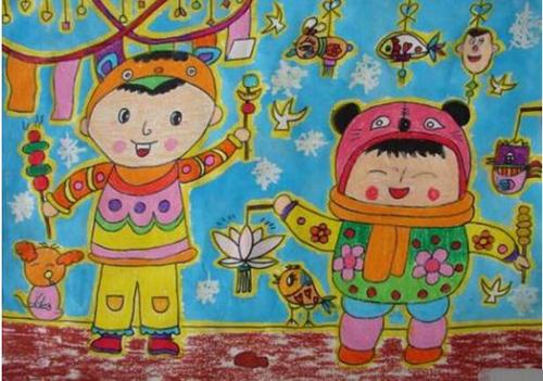 小学生开心过大年儿童画,春节儿童画