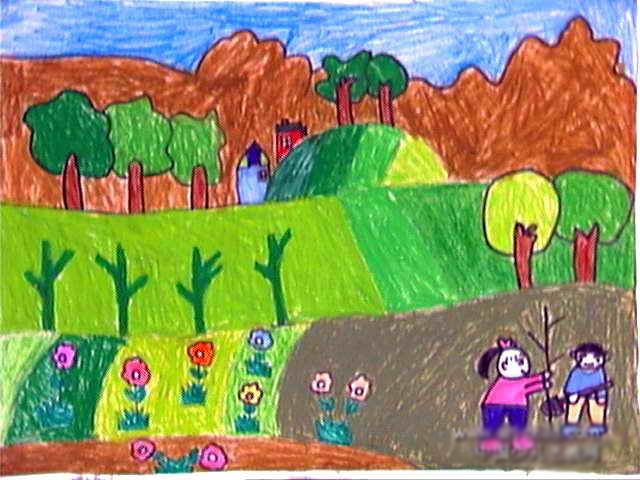 关于小朋友植树的画_春天植物儿童画