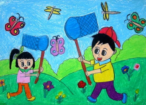 小朋友捕捉蝴蝶儿童画_幼儿绘画美丽的春天/水粉画图片