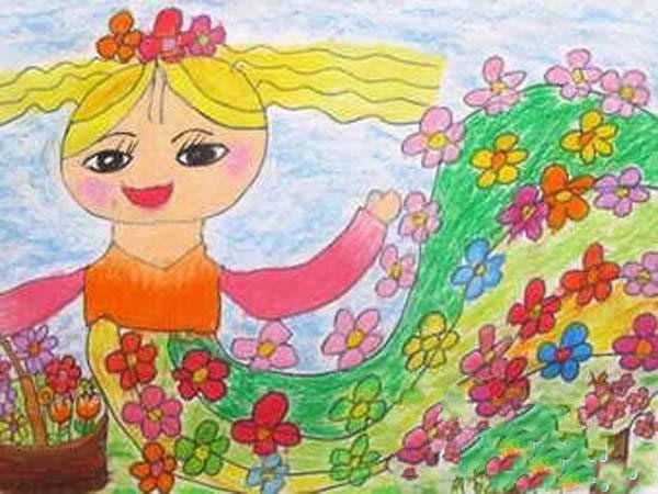 幼儿园大班春天儿童画作品图片：美丽的春姑娘