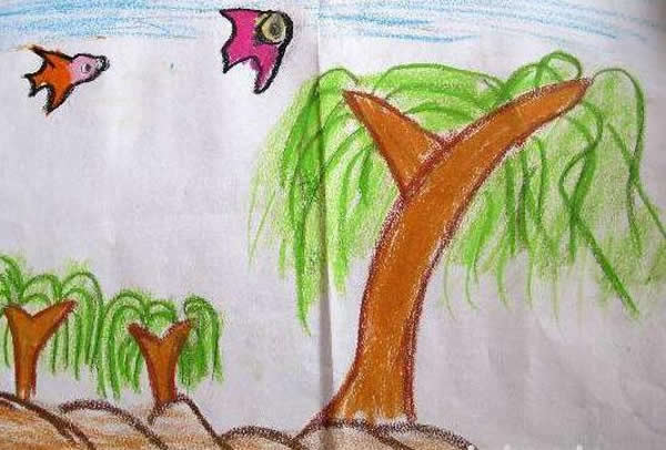 儿童画关于春天的树图片_翠绿的柳树/蜡笔画图片