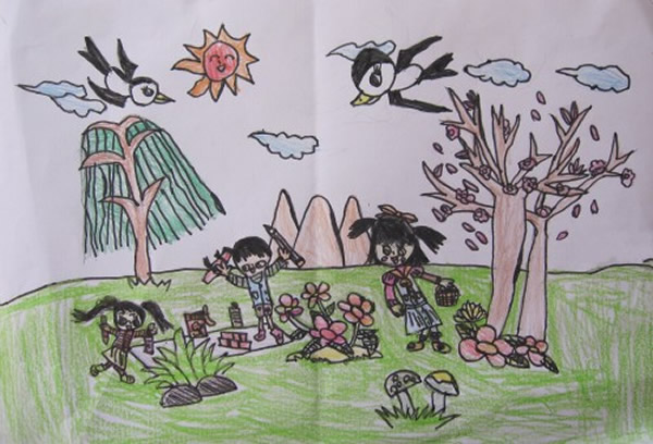 春天里的郊游儿童画作品欣赏/水彩画图片