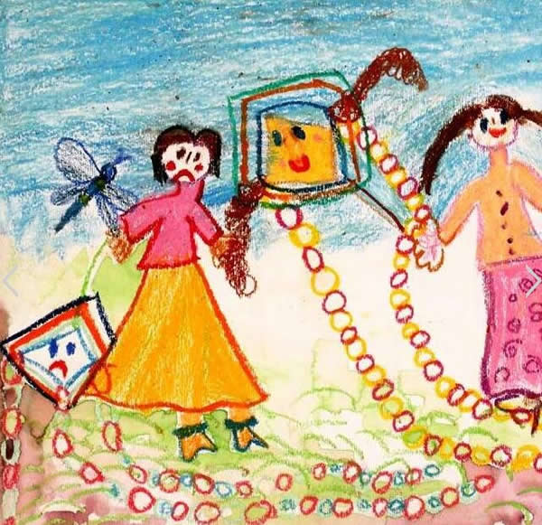 春天放风筝的小女孩儿童画/蜡笔画图片