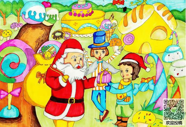 圣诞节主题儿童画作品图片-圣诞老人送礼物