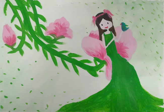 美丽的长发绿裙子春姑娘儿童画创意水粉画作品
