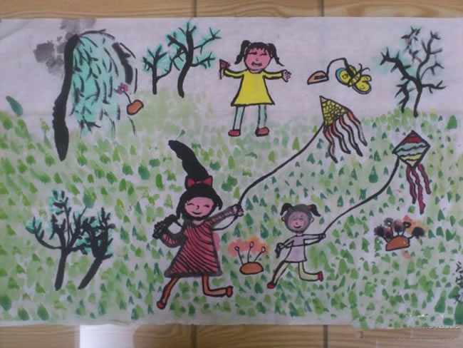 好看的春天小朋友放风筝儿童画/水彩画图片