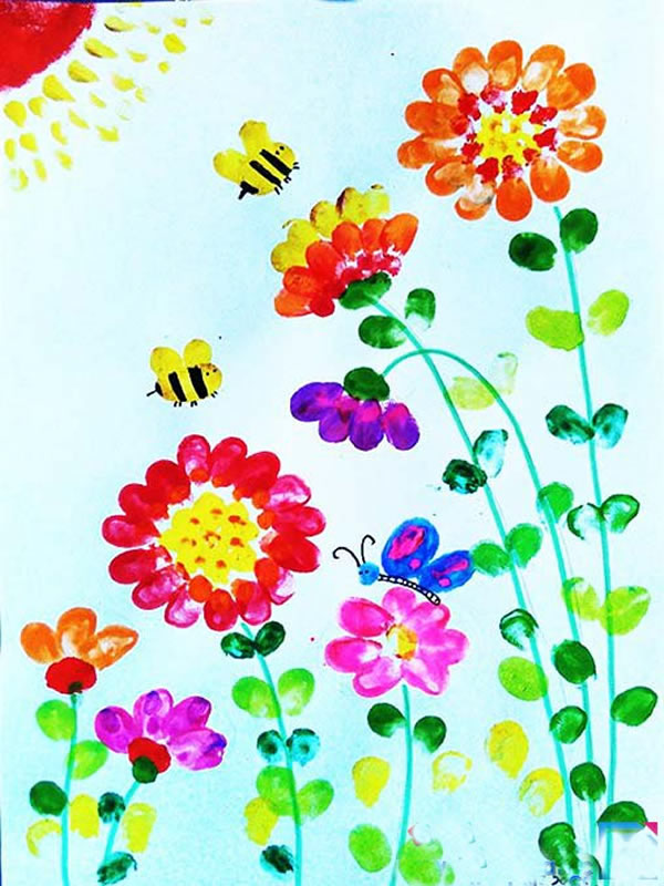 简单漂亮儿童手指画作品欣赏：五颜六色的花儿
