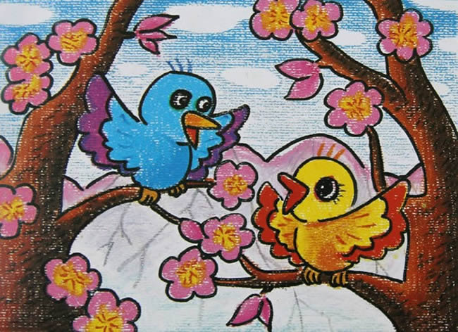 鸟语花香春天优秀儿童画作品欣赏-油画棒画图片