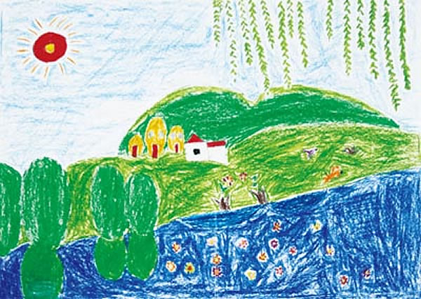 春天早晨的太阳美丽风景儿童画/油画棒画图片