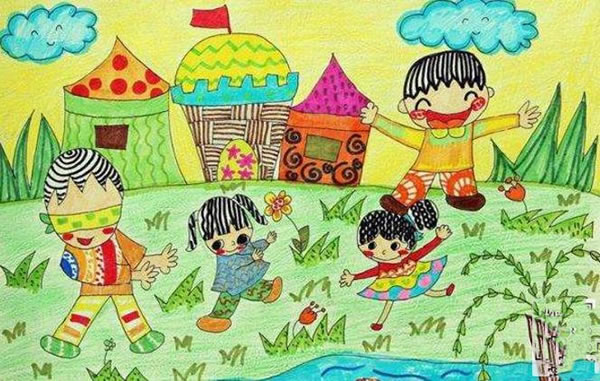 春天快乐的郊游踏青儿童画