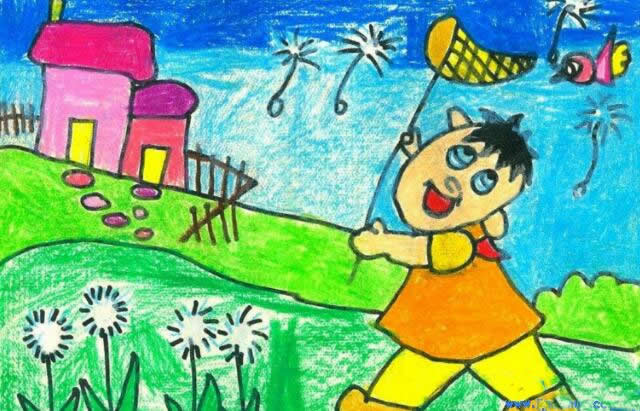 关于春天小孩捉蝴蝶的儿童画 - 春天儿童画简单的画