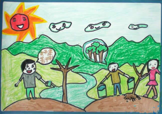关于春天的画春天小朋友植树儿童画/蜡笔画图片